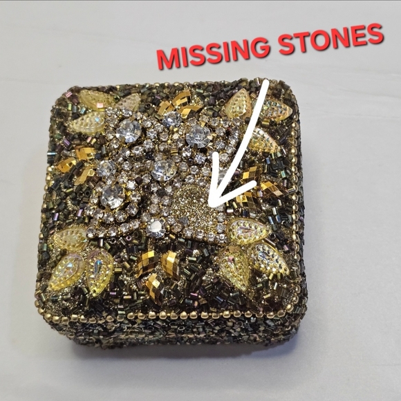 BOHO Gold & Colored Beads - Beaded Metal Trinket Box Small Vintage ** READ ** - Picture 5 of 9